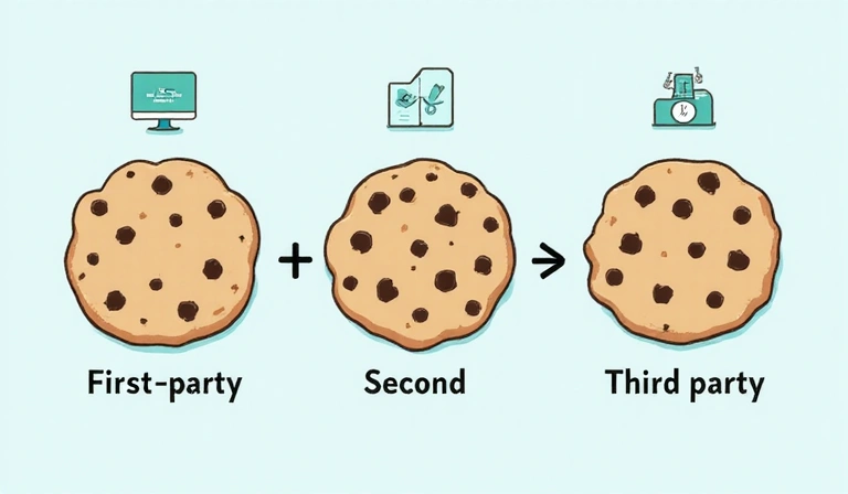 Ilustrace tří různých typů souborů cookie, symbolizujících první stranu, druhou stranu a třetí stranu, s propojenými ikonami